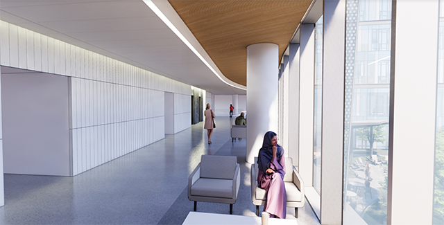 A 3d rendering of the interior view overlooking the rooftop terrace at the UPMC Presbyterian Expansion project.