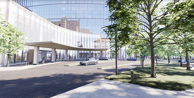 A 3d rendering of the UPMC Presbyterian Expansion project main entrance.
