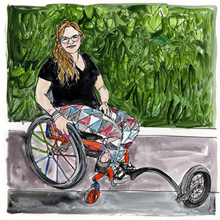 Adrian Luther sits in a wheelchair in front of a leafy green background.