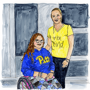 Adrian Luther sits wearing a Pitt sweatshirt next to a friend in a bright yellow “be kind” t-shirt. 