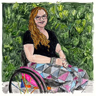 Adrian Luther sits in front of a leafy green background, her hands folded in her lap. 
