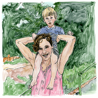 Dana Aravich holds her young son on her shoulders.