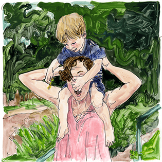 Dana Aravich laughs, holding her young son on her shoulders as he leans forward.