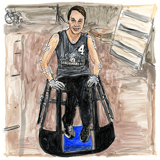 Katie sits wearing her Pittsburgh Steelwheelers t-shirt in a sport wheelchair. 