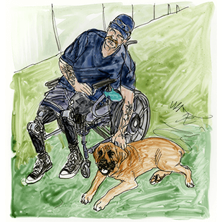Kevin sits outside in his wheelchair, reaching down to pet his dog. 