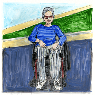 Laurie sits in her wheelchair outside. 