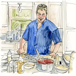 Mark stands in his kitchen with pots, bowls, and bottles in front of him.