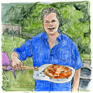 Mark stands outside holding a pizza he made. 