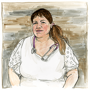 Monica sits wearing a white blouse with her stethoscope draped around her neck.