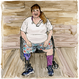 Monica sits in a white blouse and shorts looking straight at the artist.