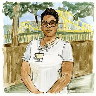 Sara sits smiling at the artist. 