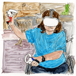 Shirley wears white virtual reality goggles.