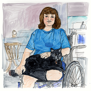 Shirley sits in a wheelchair with a black cat on her lap.