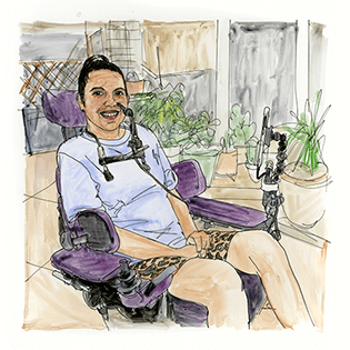 Victoria sits on a patio in a wheelchair, looking straight at the artist and smiling.