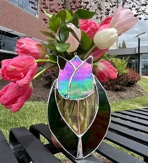 At UPMC, everything is purple, so our team came up with the idea to create purple stained-glass tulips for our survivors.