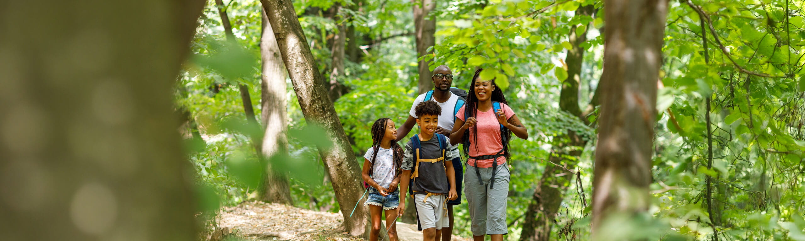 Family hiking through woods